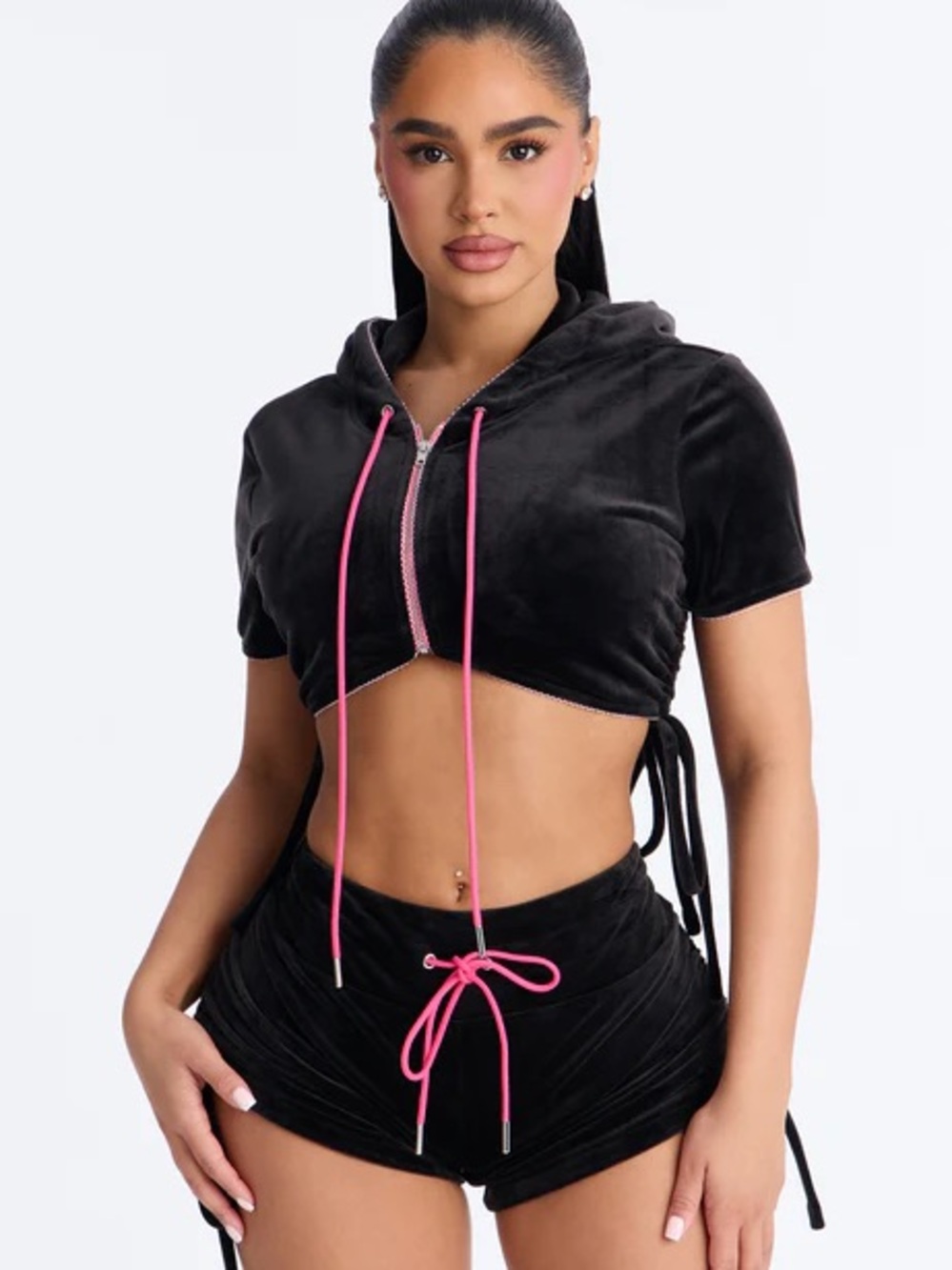 Fashion Nova Black Velvet Drawstring Shorts with Pink Accents